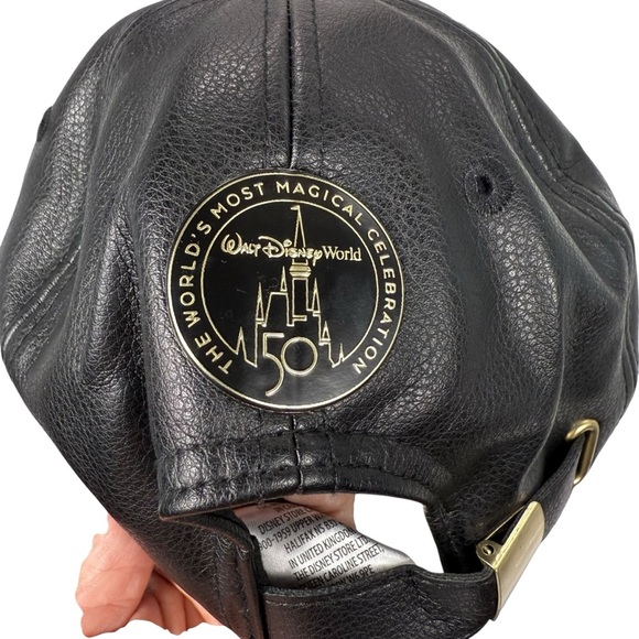Walt Disney World 50th Anniversary Logo Black Baseball Cap Hat faux leather - Picture 2 of 4